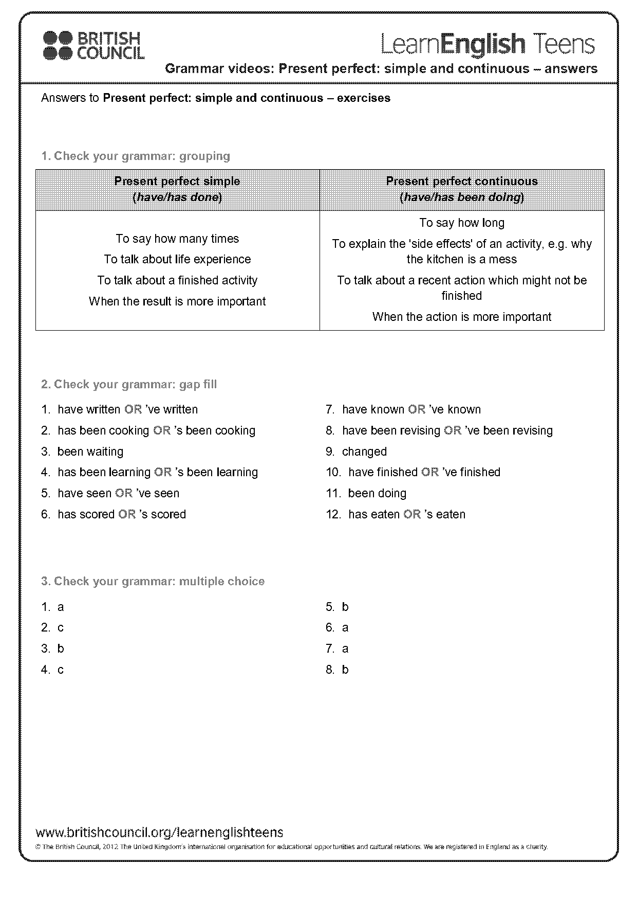 present perfect simple and continuous grammar