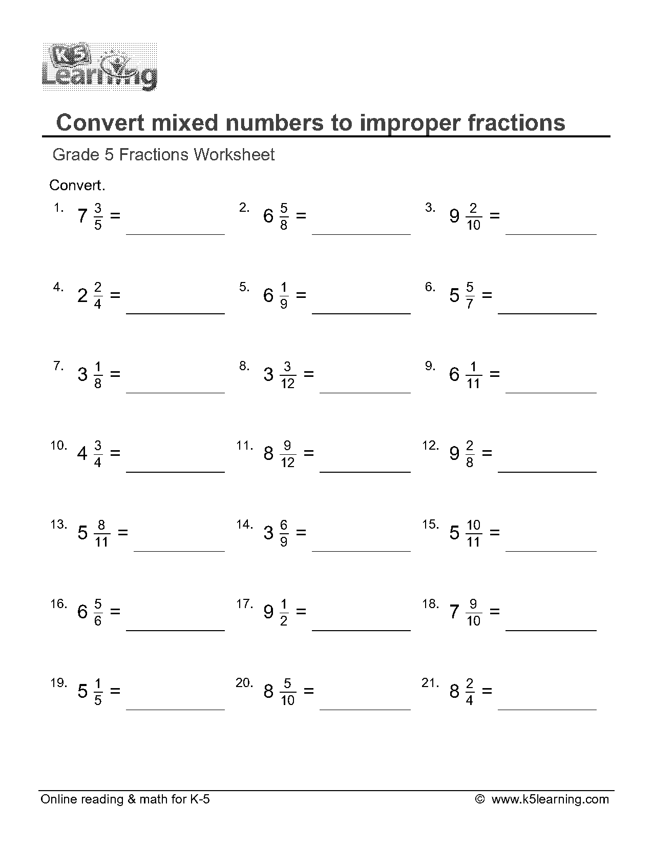 change mixed number to improper fraction worksheet