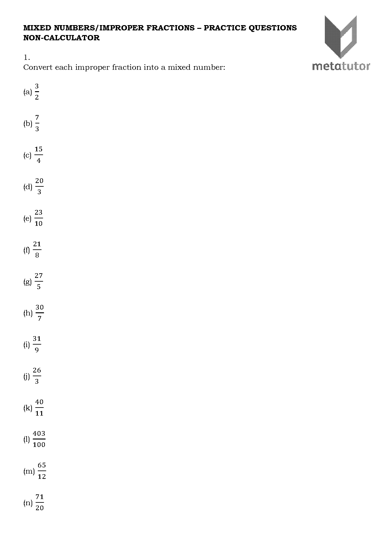 change mixed number to improper fraction worksheet