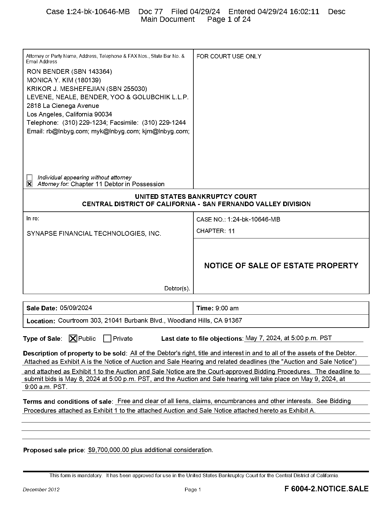 notice filing motion central district of california