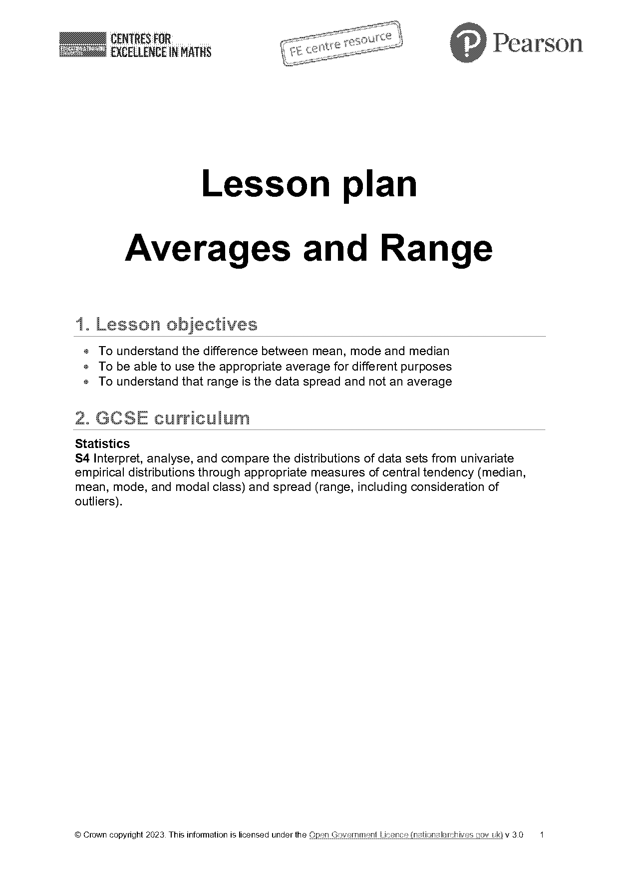 lesson plan on mean median mode and range