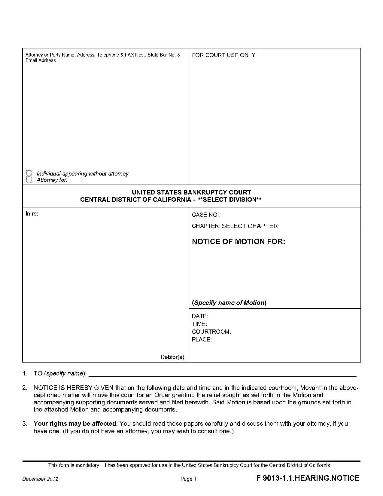 notice filing motion central district of california