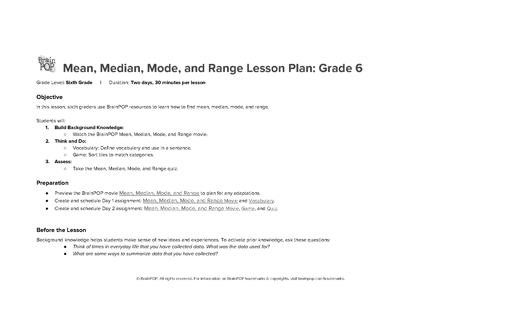 lesson plan on mean median mode and range