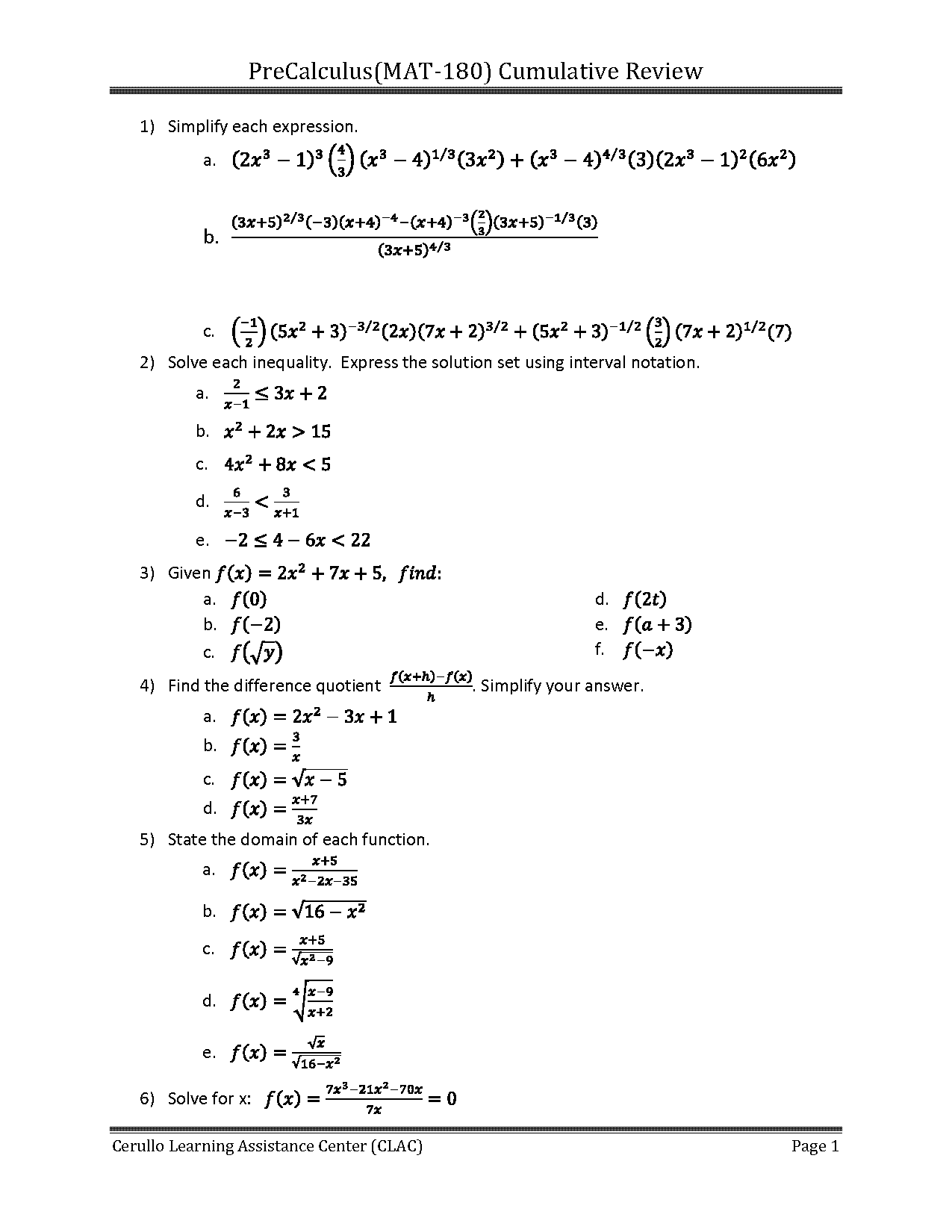 precalculus functions review worksheets