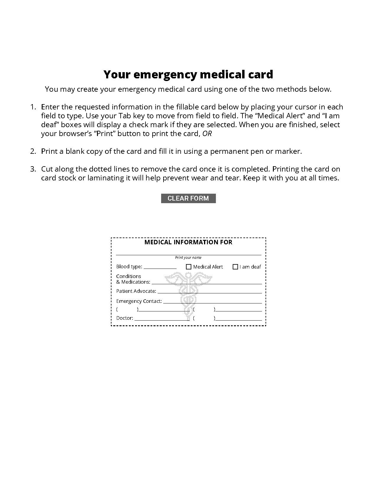 printable emergency medical information form