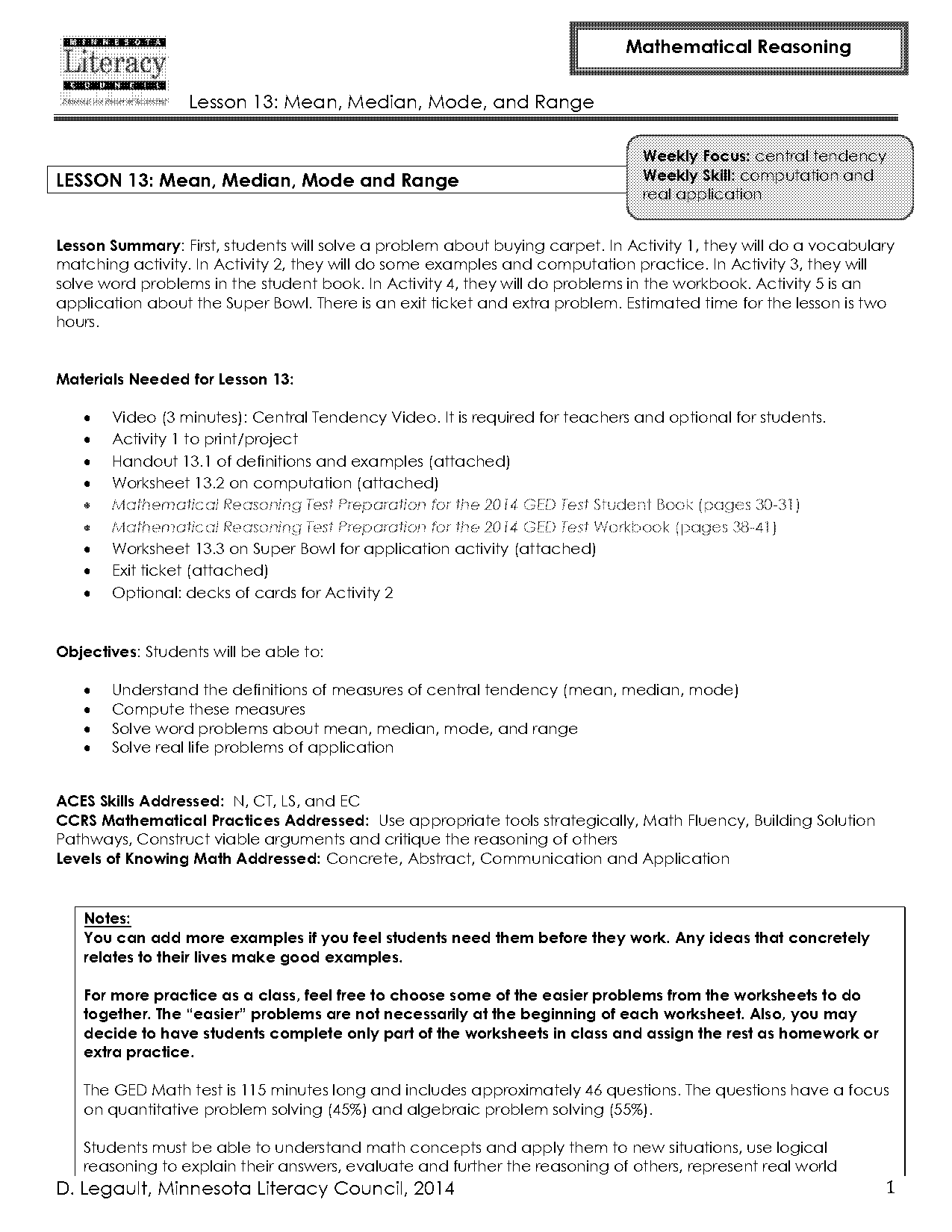 lesson plan on mean median mode and range