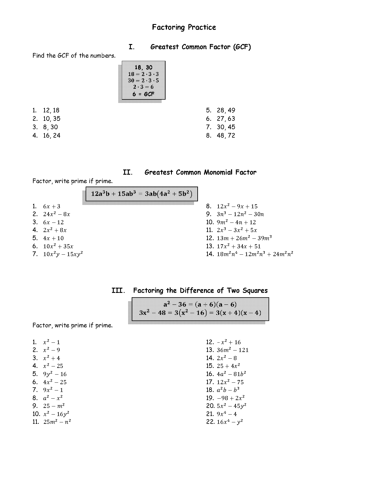 factoring test review worksheet