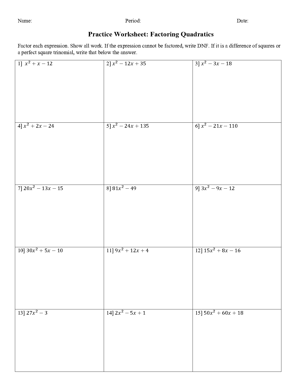 factoring test review worksheet