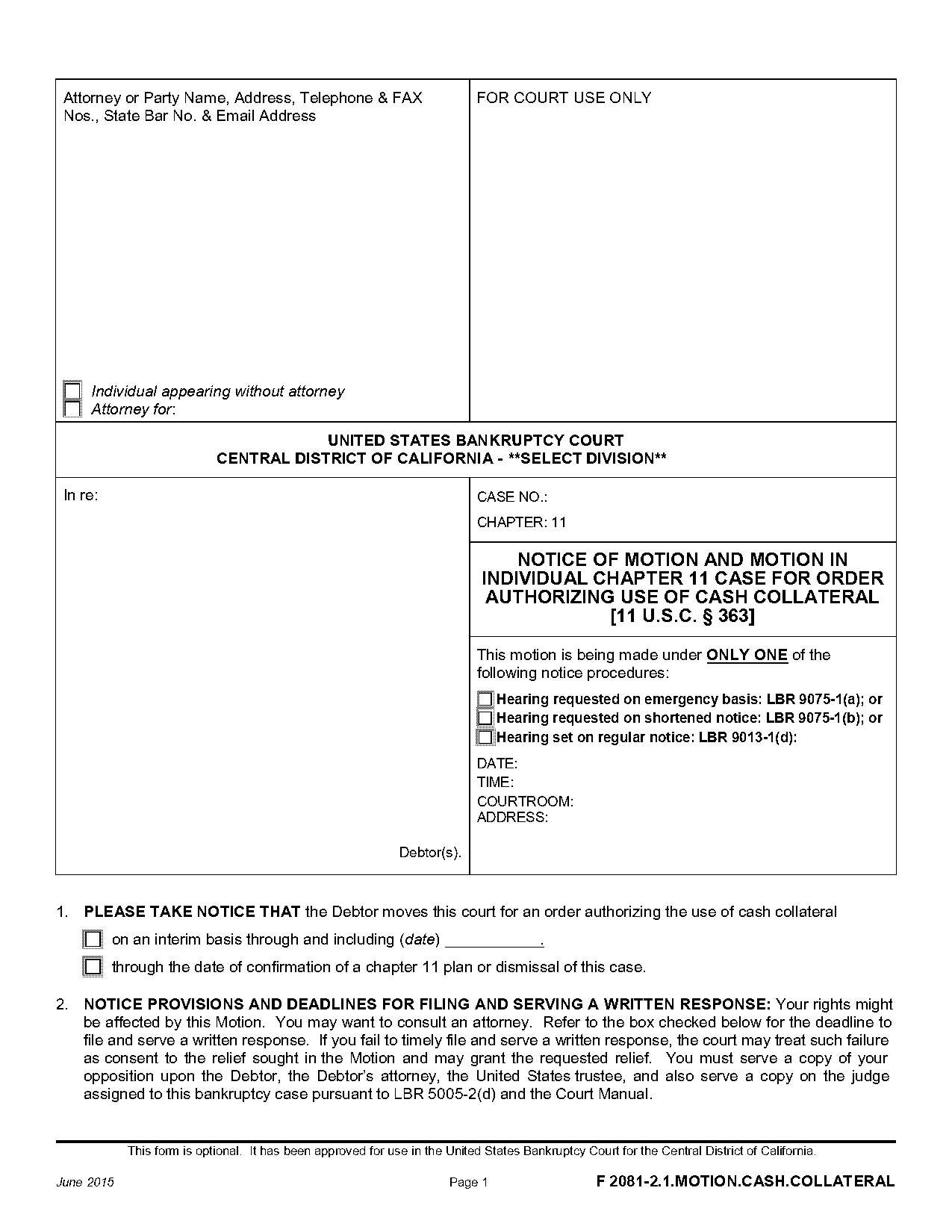 notice filing motion central district of california