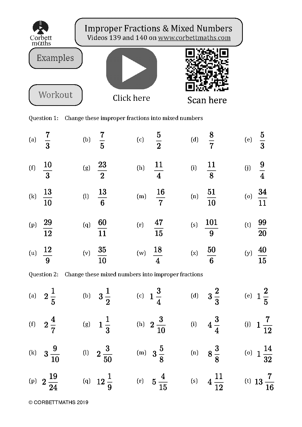 change mixed number to improper fraction worksheet