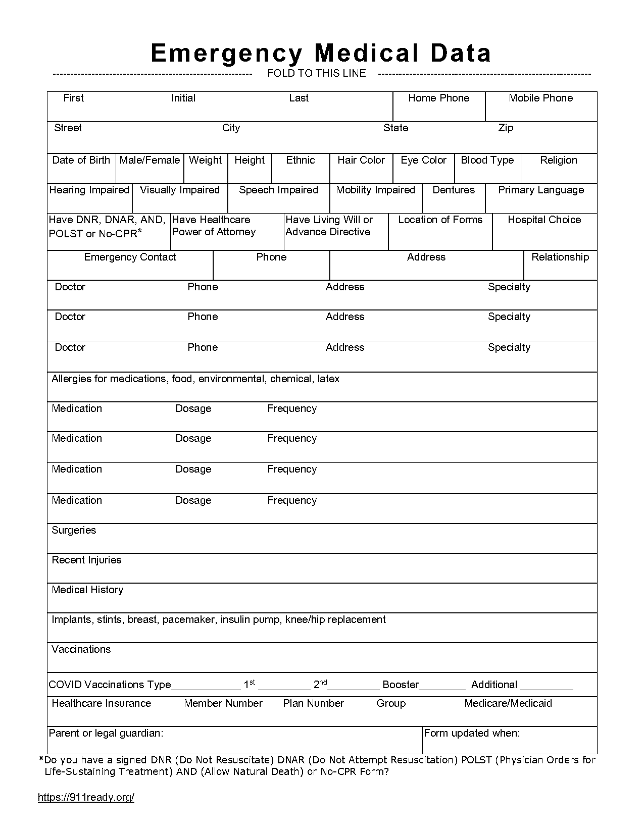 printable emergency medical information form